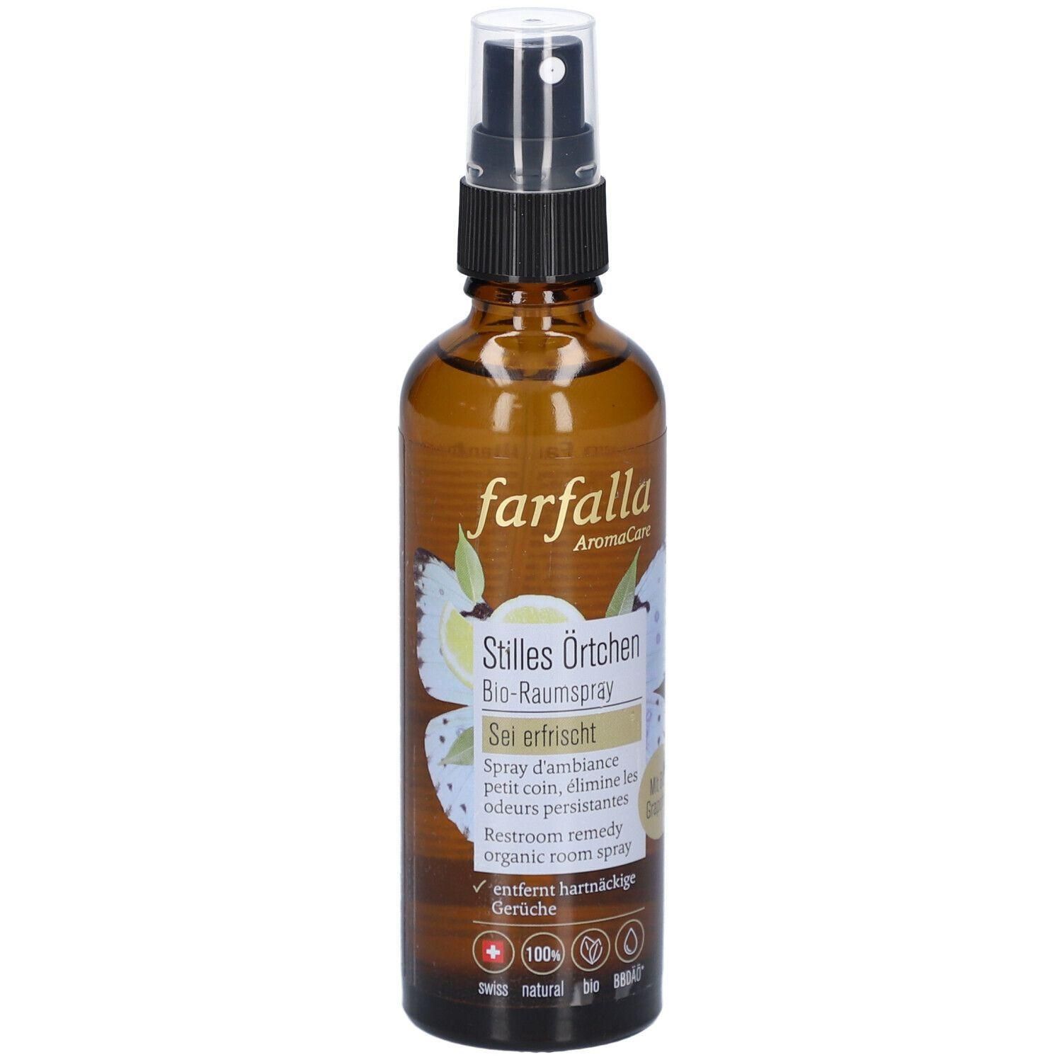 Braune Glasflasche mit Sprühkopf. Aufschrift: farfalla, Stilles Örtchen, Bio-Raumspray, Sei erfrischt. Schweizer Qualitätssiegel.