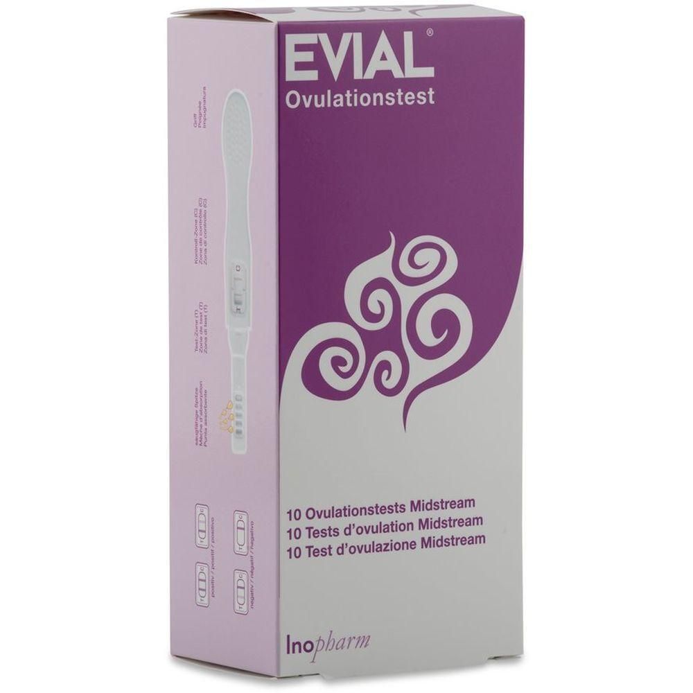 Verpackung von EVIAL Ovulationstest. Lila-weiße Schachtel mit Produktabbildung und Text. Enthält 10 Tests. Marke und Produktname deutlich sichtbar.