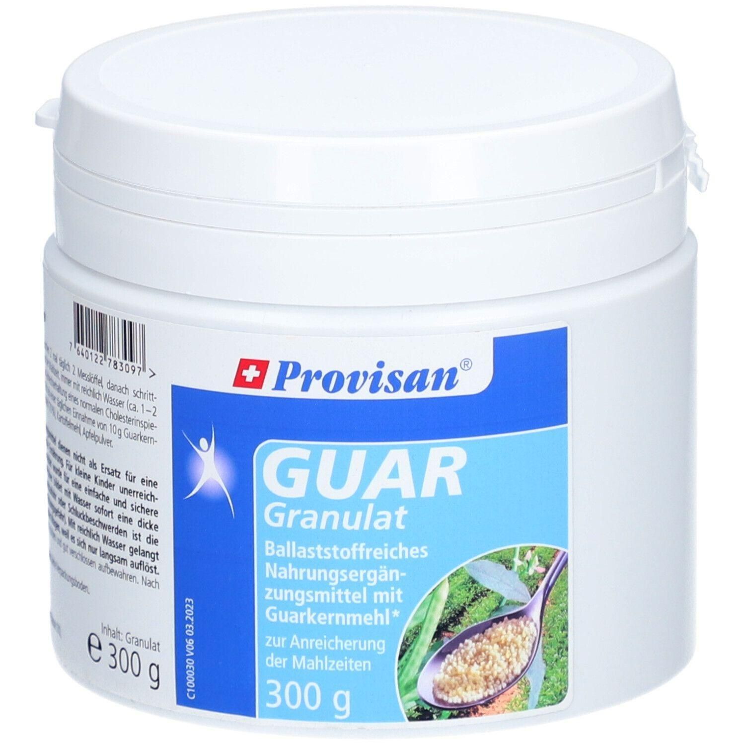 Weißes Kunststoff-Behälter mit Deckel. Aufschrift: Provisan, Guar Granulat, 300 g. Produkt zur Anreicherung der Mahlzeiten.