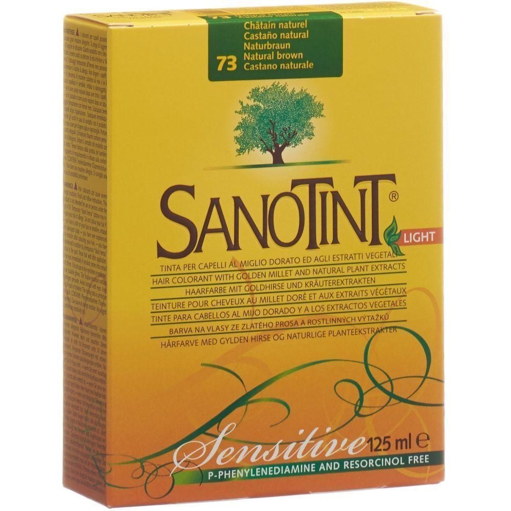 Gelbe Schachtel mit Produktnamen SANOTINT. Aufschrift: Sensitive, 73 Naturbraun. Enthält 125 ml. Frei von P-Phenylendiamin und Resorcinol.