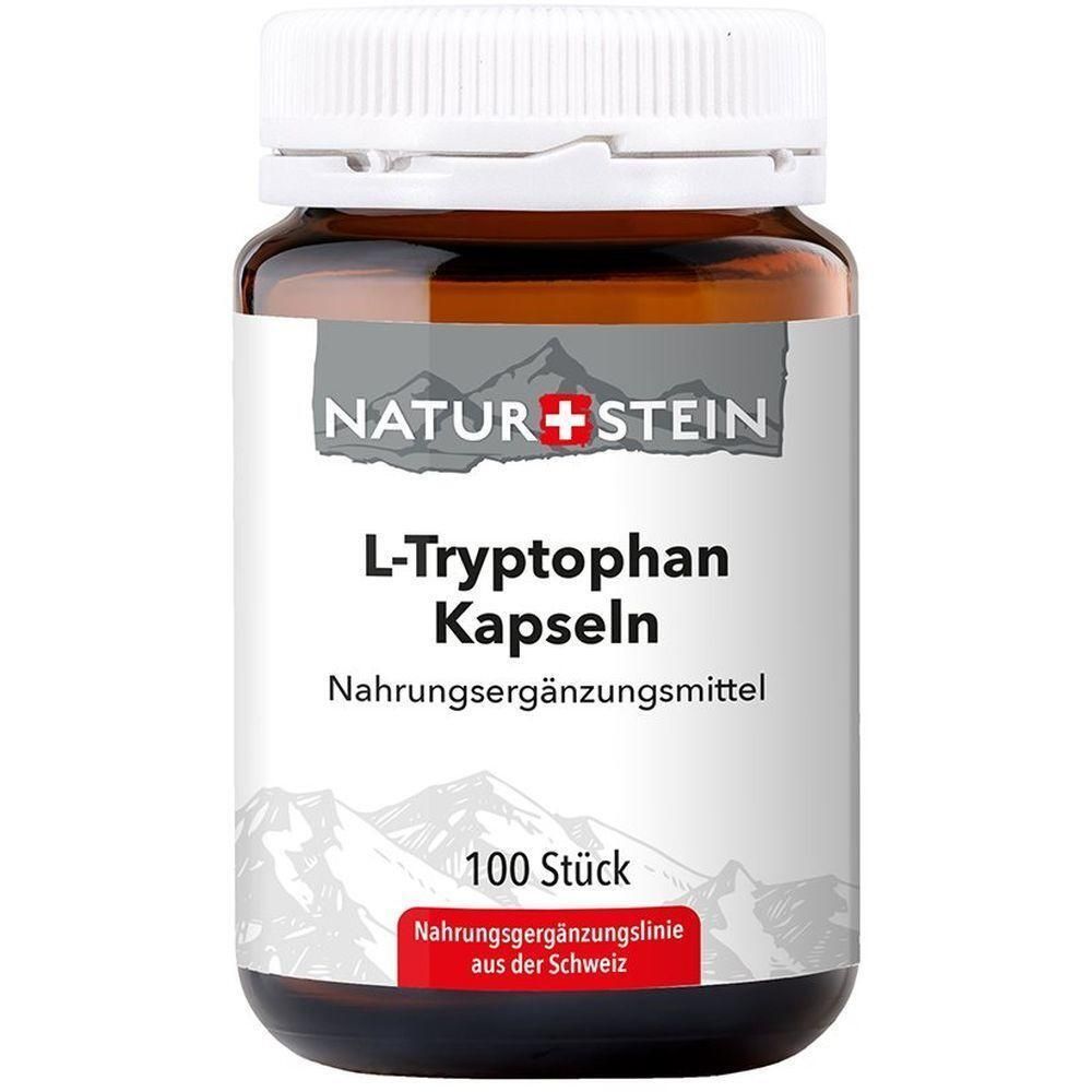 Flacon en verre brun avec bouchon blanc. Étiquette avec "NATUR+STEIN", "L-Tryptophan Kapseln", "100 Stück" et "Nahrungsergänzungslinie aus der Schweiz".