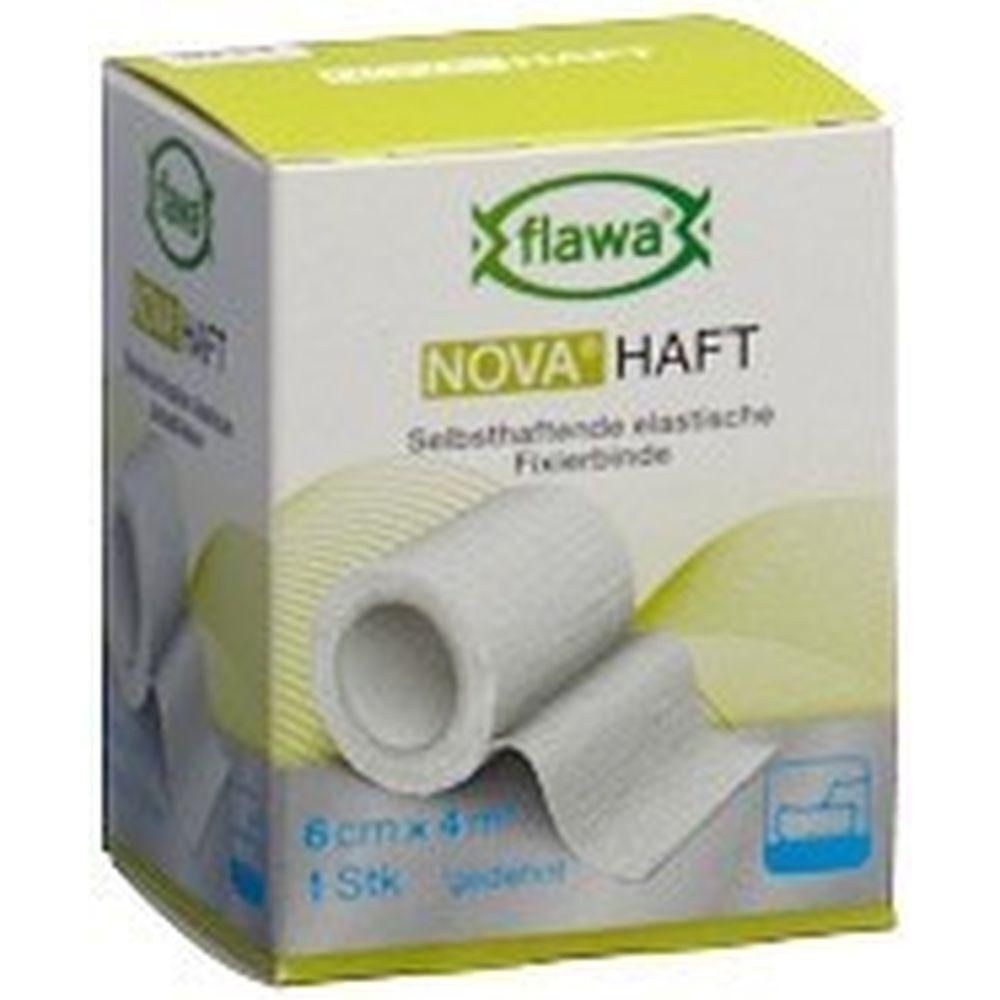 Verpackung mit weißer, selbsthaftender Fixierbinde. Aufschrift: flawa NOVA HAFT, 6cm x 4m, 1 Stk.