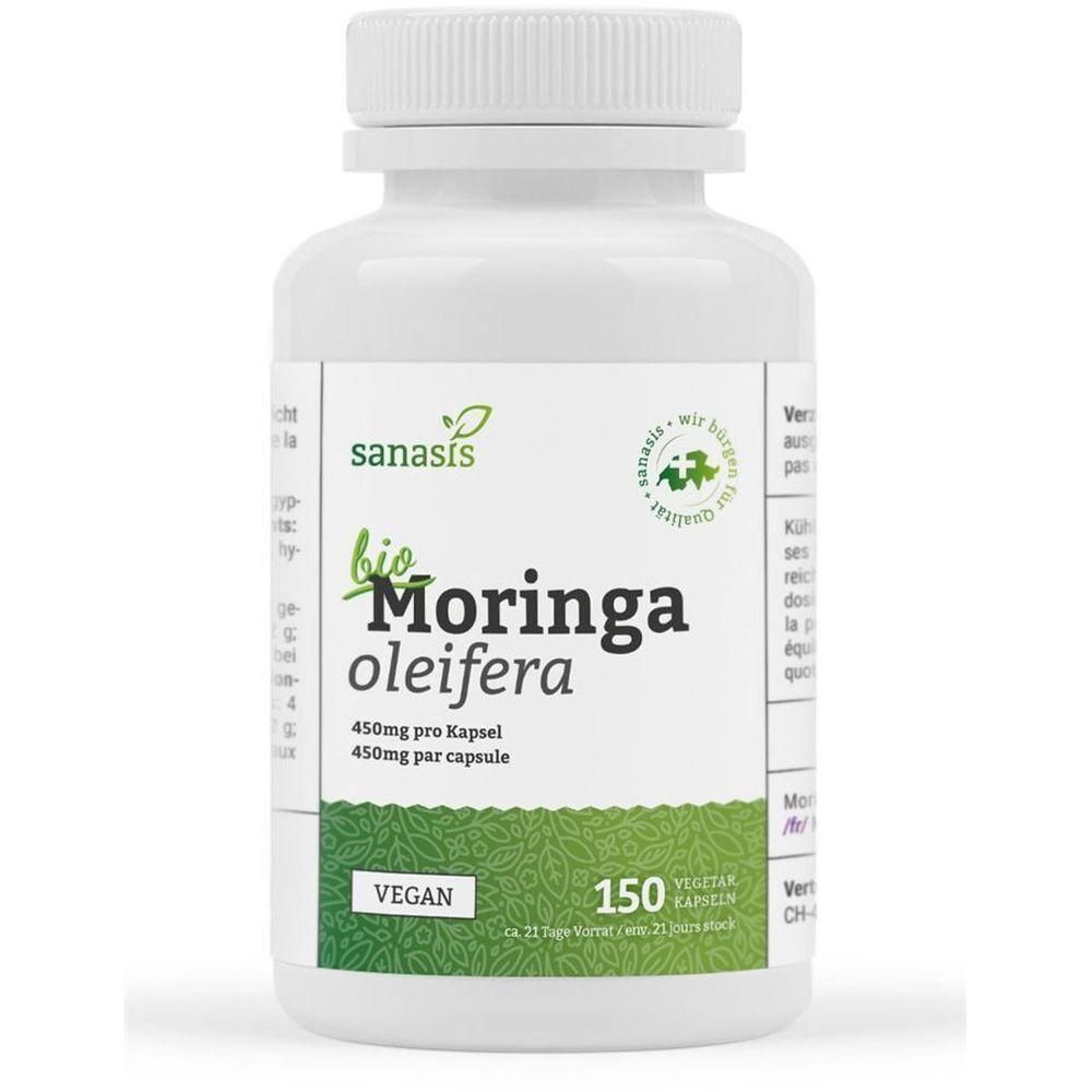 Flacon blanc de gélules. Inscription : bio Moringa oleifera, 450mg par capsule, végétalien, 150 gélules. Motif de feuilles vertes.
