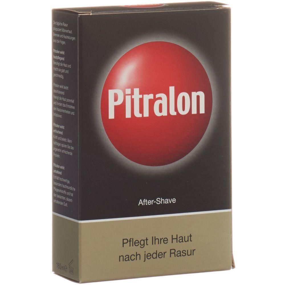 Schachtel mit rotem Kreis und Schriftzug Pitralon. Darunter After-Shave und Text: Pflegt Ihre Haut nach jeder Rasur.