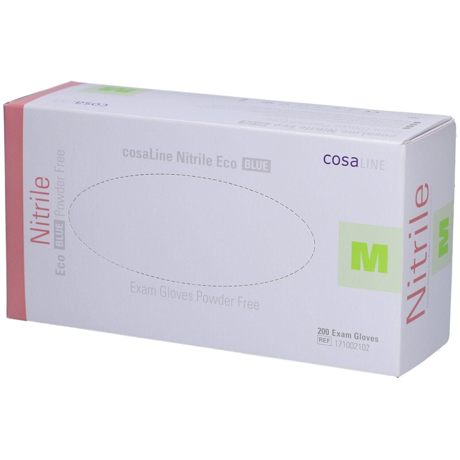 Weiße cosaLine-Box mit blauer Aufschrift. Enthält Nitril-Untersuchungshandschuhe, Größe M, puderfrei. 200 Stück.