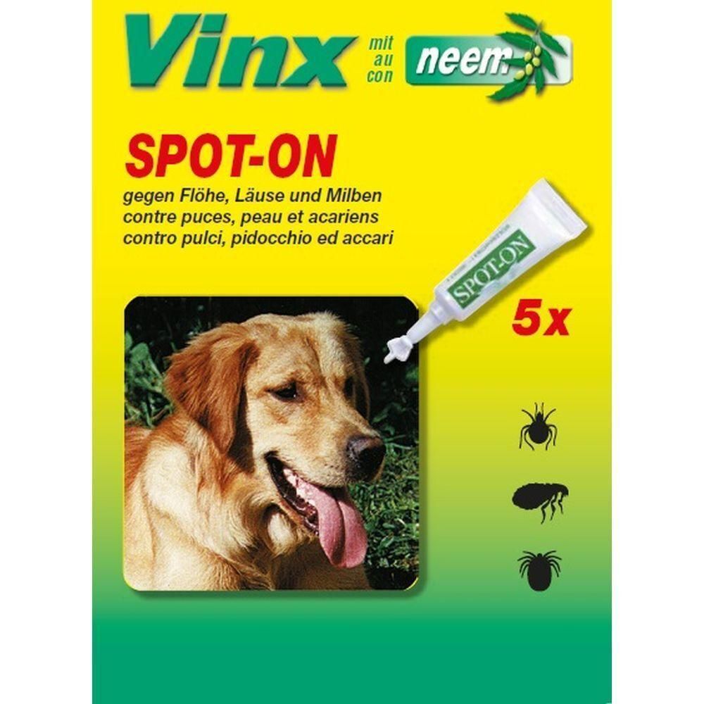 Verpackung mit Spot-On-Produkt für Hunde. Enthält eine Tube mit der Aufschrift SPOT-ON und 5x. Abgebildet ist ein Hund.