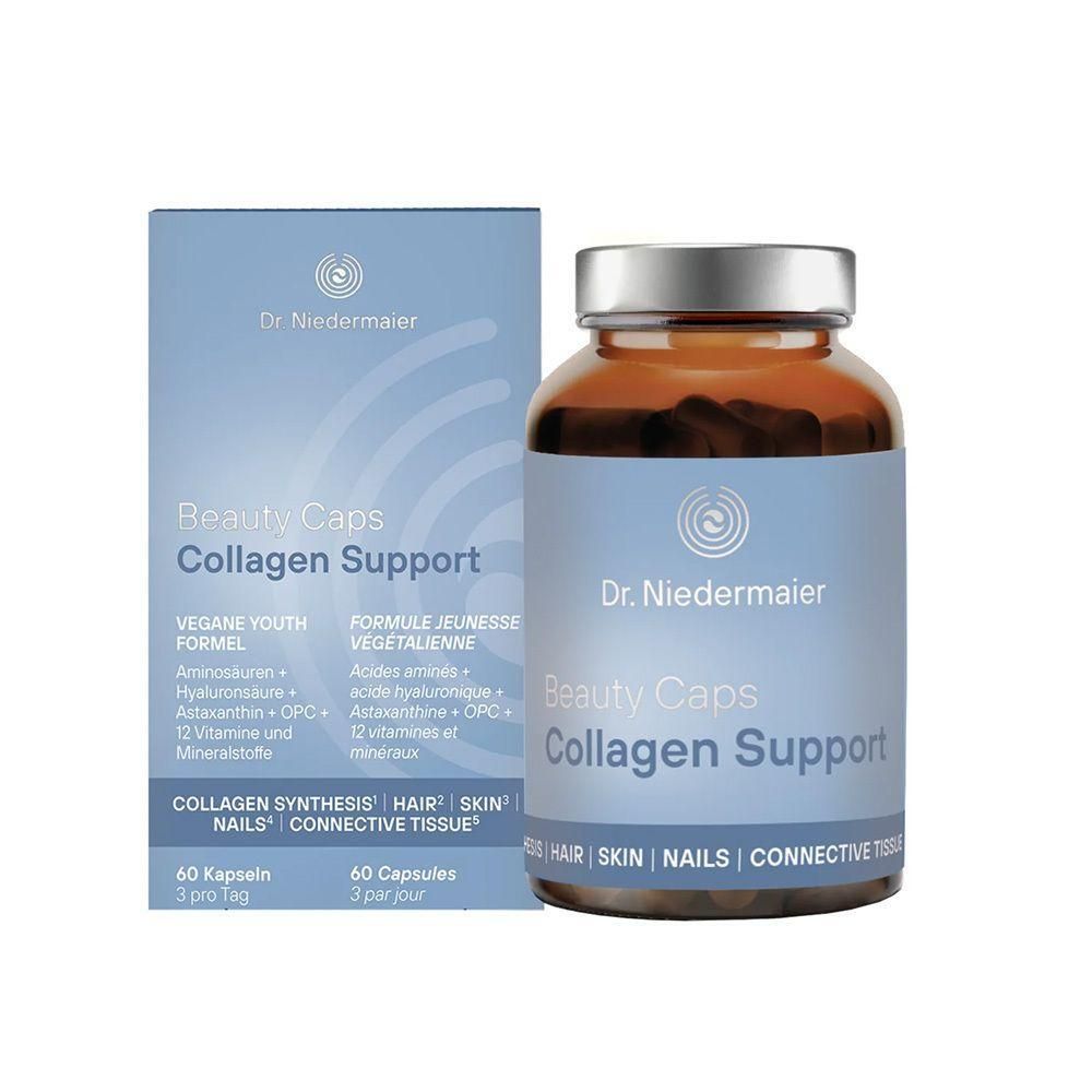 Braune Glasflasche und Schachtel mit Produktinformationen. Aufschrift: Beauty Caps Collagen Support. Enthält 60 Kapseln.