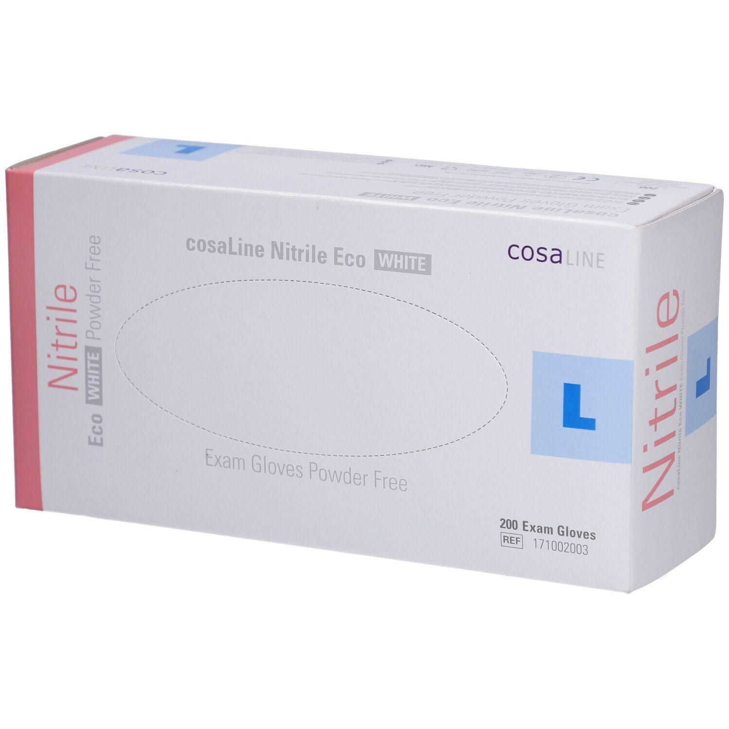 Weiße cosaLine-Box mit blauer Schrift und Logo. Aufschrift: Nitril, Eco White, puderfrei, Exam Gloves. Größe L. Enthält 200 Handschuhe.