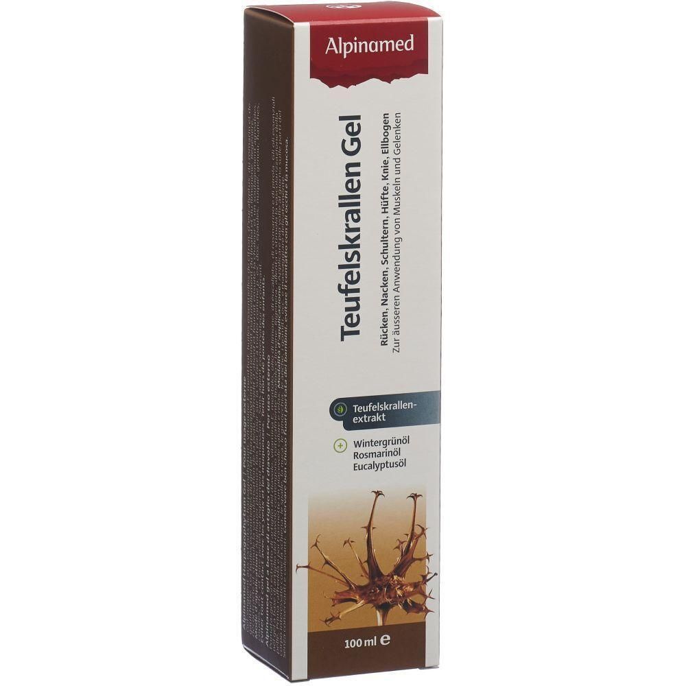 Schachtelförmige Verpackung. Aufschrift: Alpinamed, Teufelskrallen Gel. Enthält Teufelskrallenextrakt. Unten: 100 ml e.