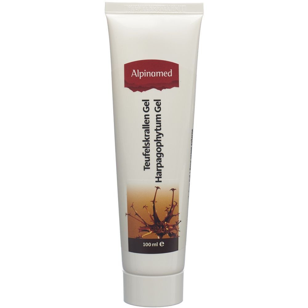 Weiche Tube. Aufschrift: Alpinamed, Teufelskrallen Gel, Harpagophytum Gel. Unten: 100 ml e. Abbildung von Wurzeln.