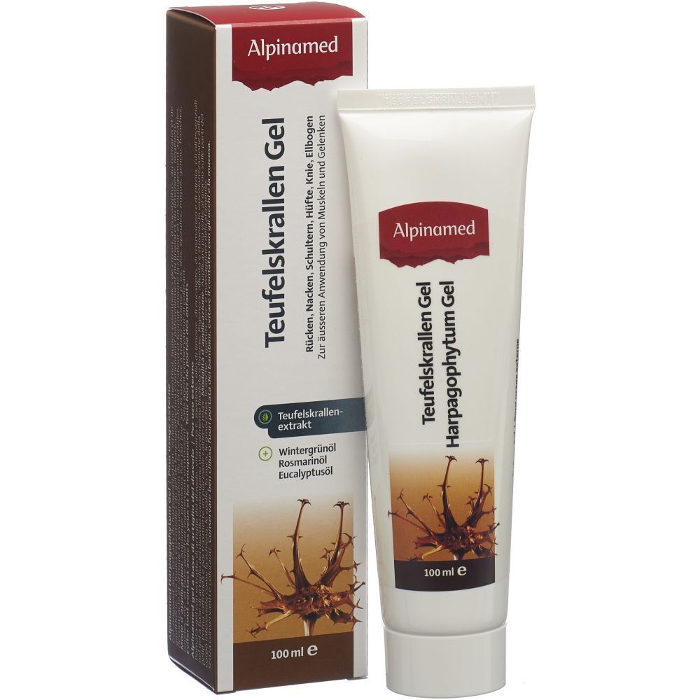 Verpackung und Tube. Aufschrift: Alpinamed, Teufelskrallen Gel. Enthält Teufelskrallenextrakt. Unten: 100 ml e.
