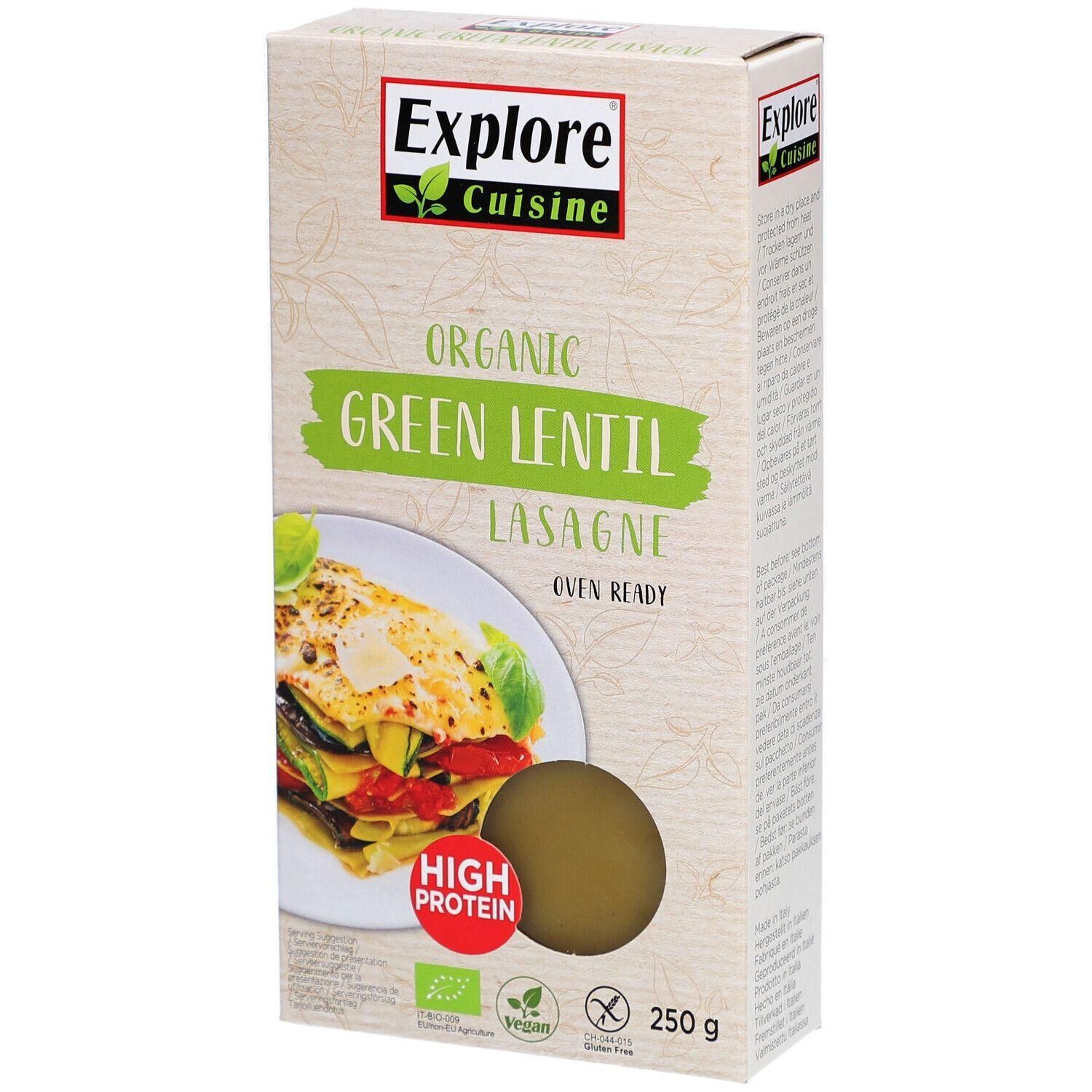 Verpackung von Explore Cuisine Bio Lasagne aus Grünen Linsen. Text: Organic Green Lentil Lasagne, High Protein, 250 g.