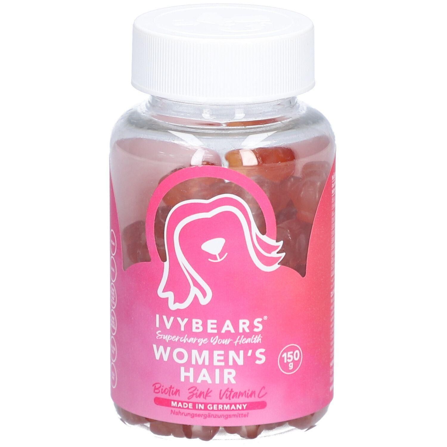 Transparente Flasche mit rosa Etikett. Enthält Gummibärchen. Aufschrift: IVYBEARS Women's Hair, Biotin, Zink, Vitamin C.