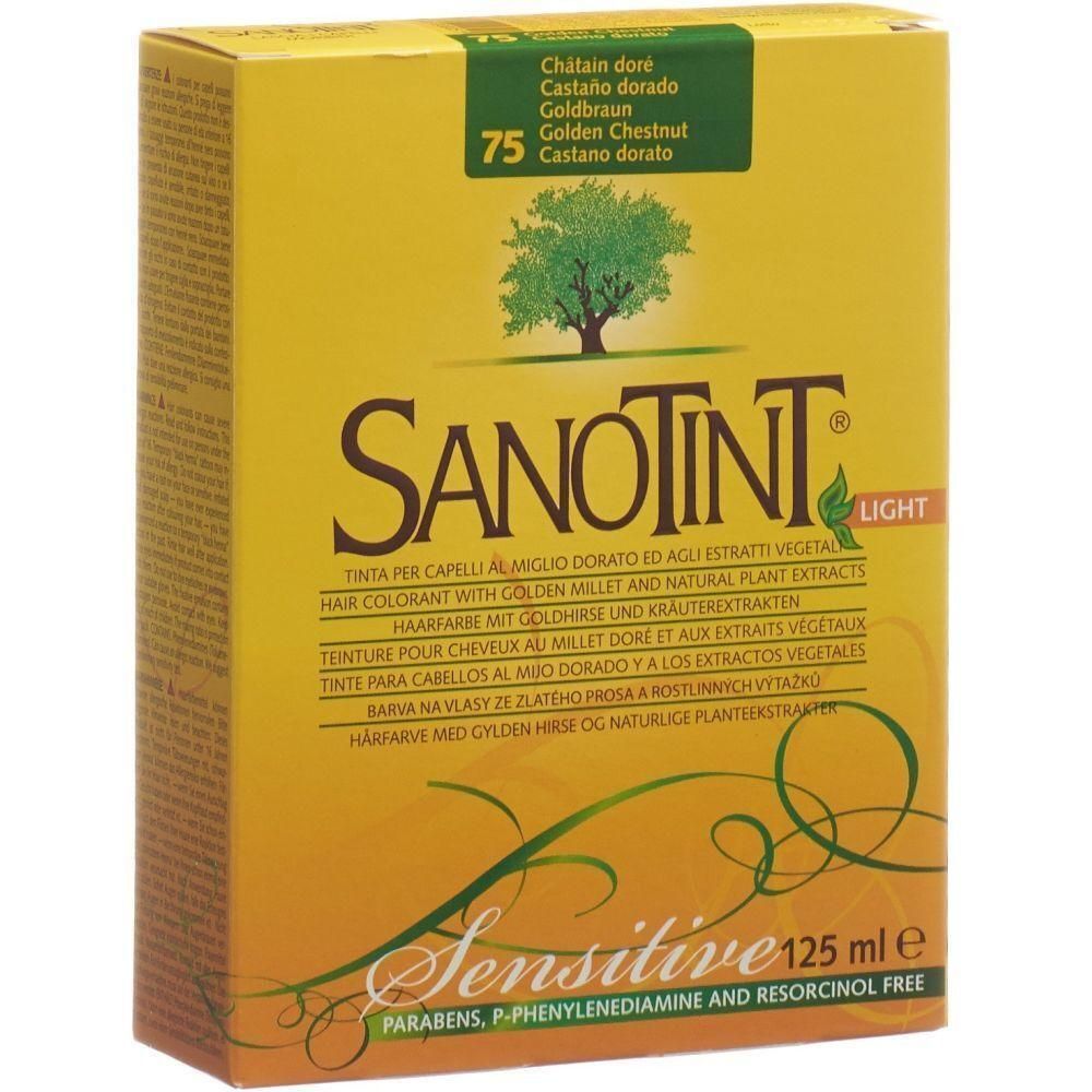Verpackung von SANOTINT® Sensitive Haarfarbe goldbraun 75. Gelbe Schachtel mit Produktnamen, Farbtonbezeichnung und Inhaltsangaben.