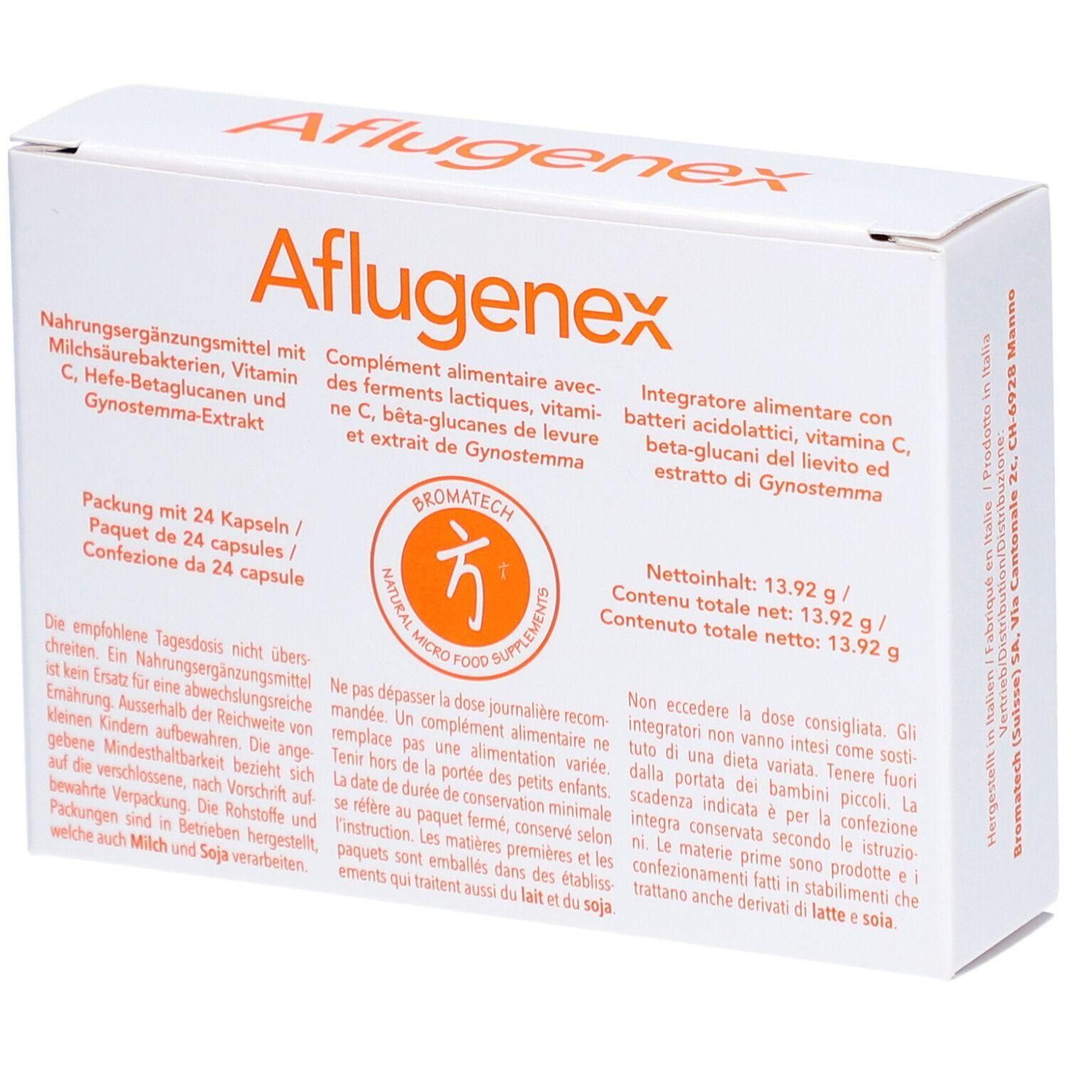 Weiße Schachtel mit Produktnamen Aflugenex. Text in mehreren Sprachen. Enthält 24 Kapseln. Logo mit Schriftzug Natural Micro Food Supplements.