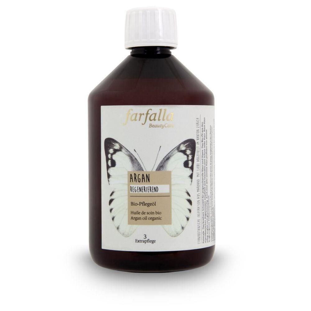 Flacon brun avec bouchon blanc et étiquette. Étiquette avec papillon, inscription "farfalla", "Argan Régénérant", "Bio-huile de soin".