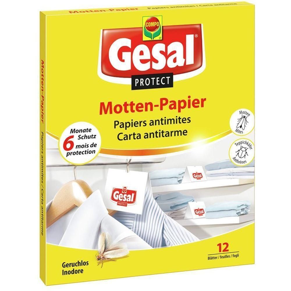 Gelbe Verpackung mit Gesal-Logo und Schriftzug Motten-Papier. Enthält 12 Blätter. 6 Monate Schutz. Geruchlos. Papiers antimites.