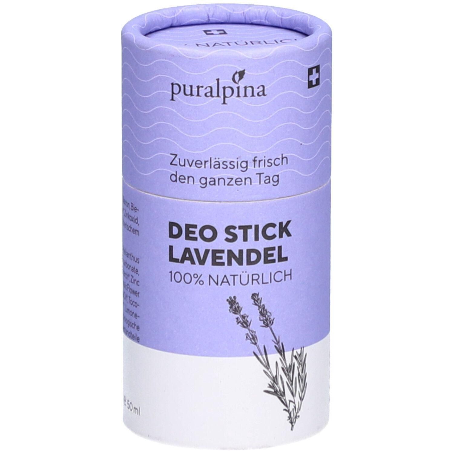 Zylindrische Verpackung mit lila Deckel. Aufschrift: puralpina, Deo Stick Lavendel, 100% natürlich. Abbildung von Lavendelblüten.