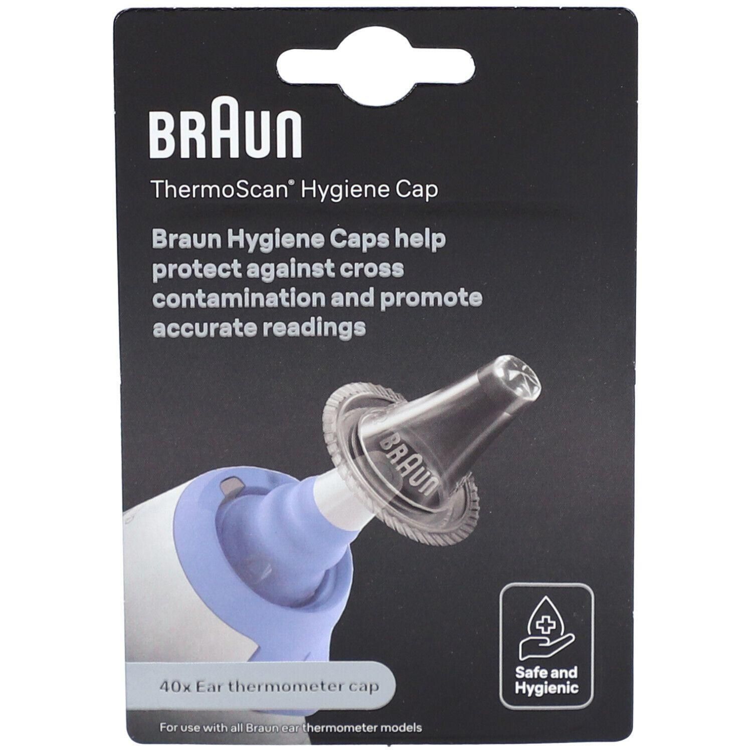 Verpackung mit Ohrthermometer-Aufsatz. Aufschrift: BRAUN, ThermoScan Hygiene Cap. Enthält 40 Aufsätze. Sicher und hygienisch.