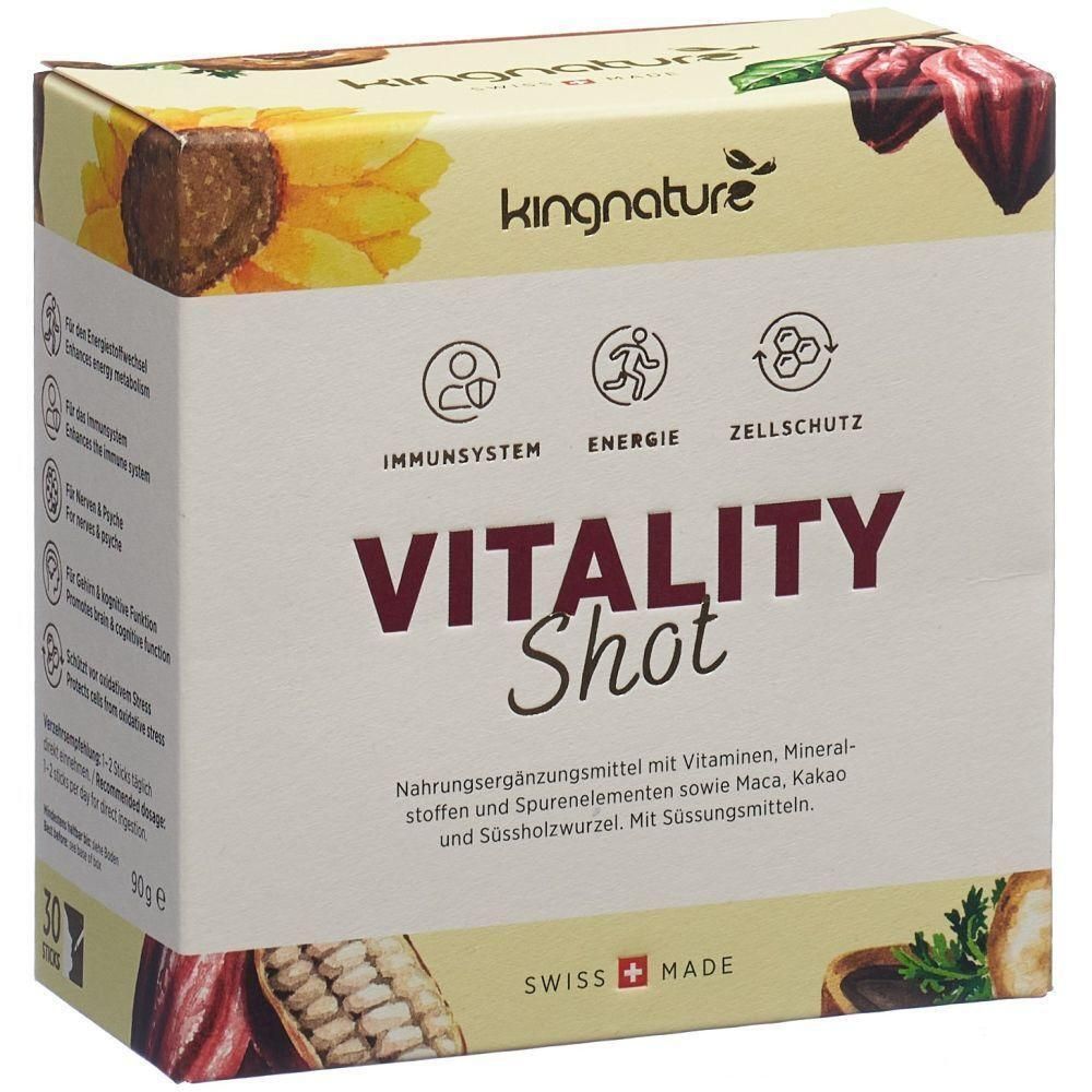 Kartonverpackung mit "VITALITY Shot" Schriftzug. Enthält Nahrungsergänzungsmittel. Oben links "kingnature" Logo. Swiss Made Siegel unten rechts.