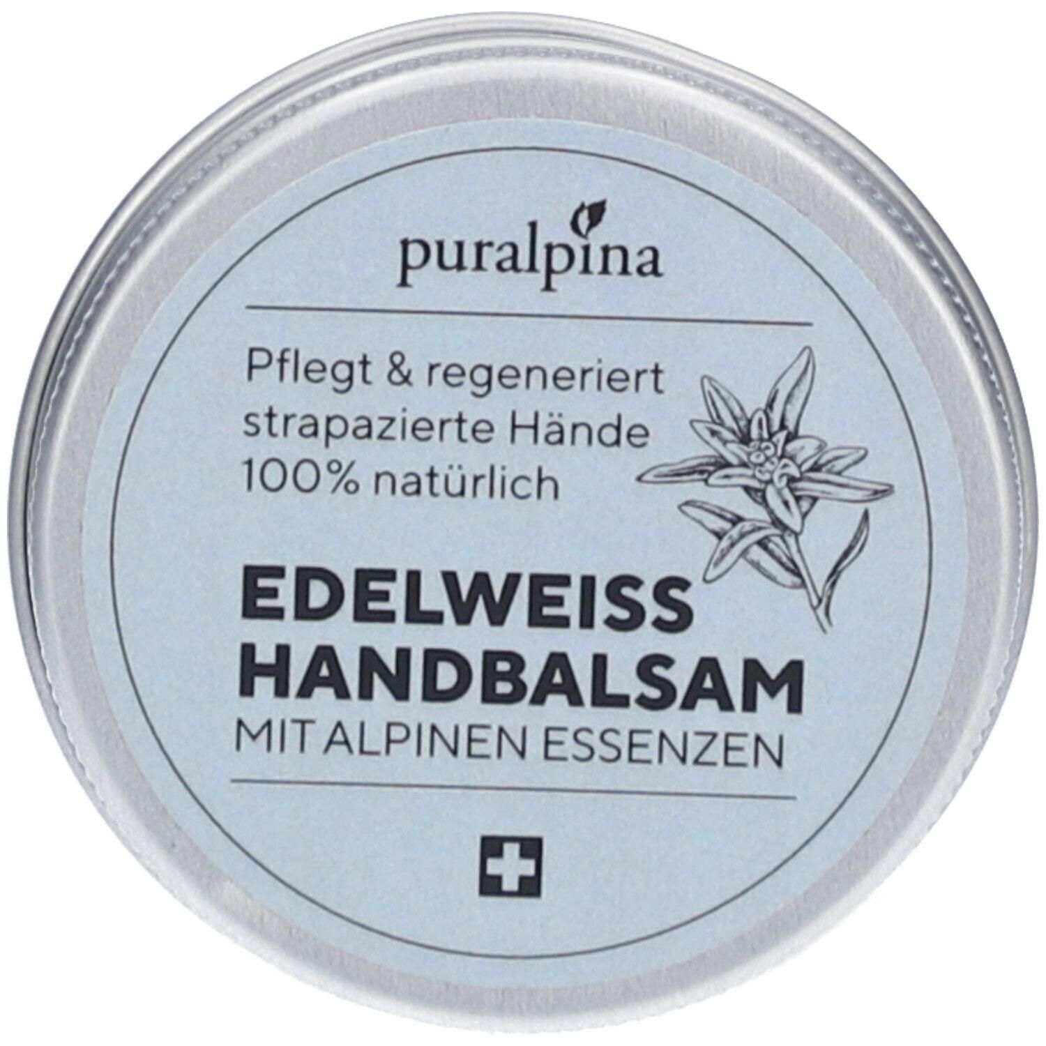 Runde Dose mit blauem Etikett. Aufschrift: EDELWEISS HANDBALSAM, puralpina. Schweizer Kreuz. Edelweiß-Blüte.