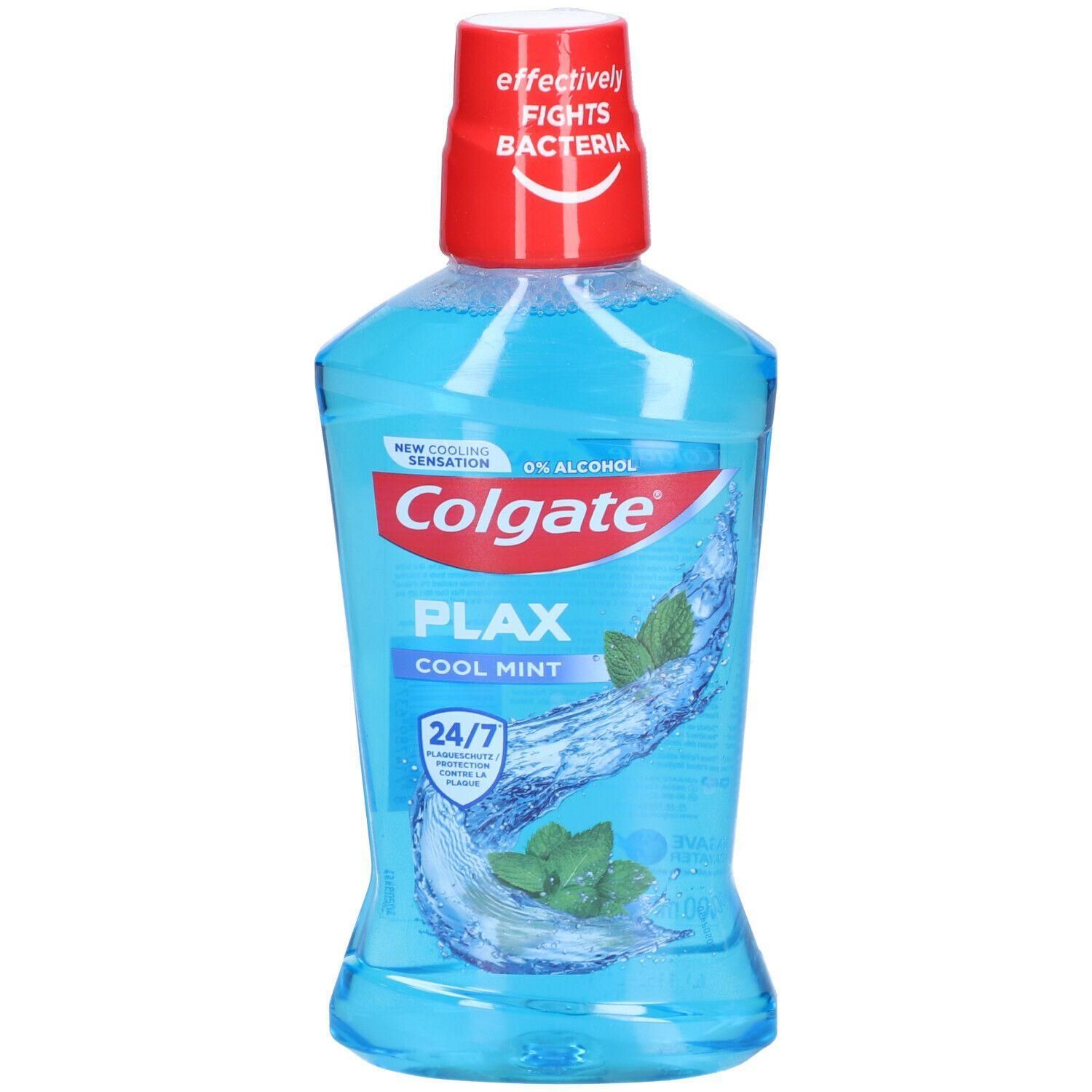 Blaue Mundspülung-Flasche mit rotem Deckel. Aufschrift: Colgate PLAX Cool Mint. Enthält 0% Alkohol. Wirkt effektiv gegen Bakterien.