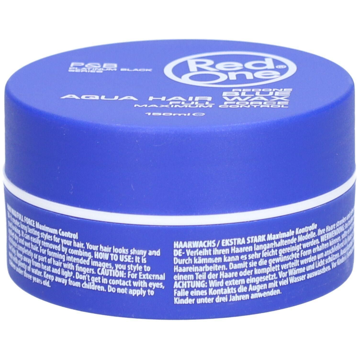 Blaue Dose mit weißem Deckel. Aufschrift: Red One Aqua Hair Wax. Text in weißer Schrift. 150ml.