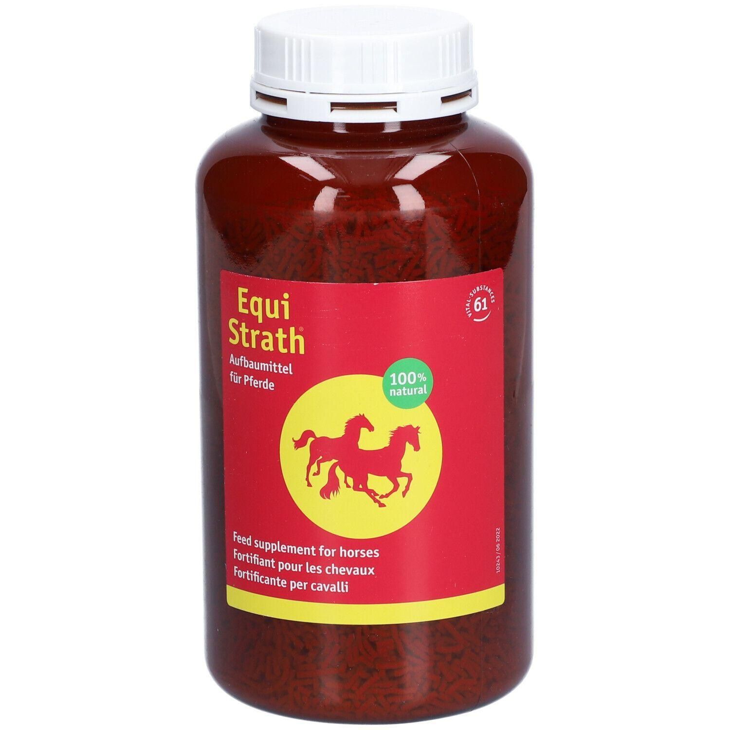 Braune Flasche mit weißem Deckel. Rotes Etikett mit Produktnamen, Pferde-Silhouette und „100% natural“. Text in mehreren Sprachen.
