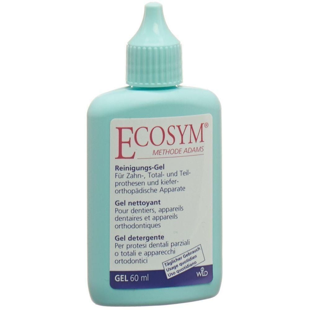 Türkisgrüne Flasche mit Dosierkappe. Aufschrift: Ecosym Methode Adams. Reinigungs-Gel für Zahnprothesen und kieferorthopädische Apparate.
