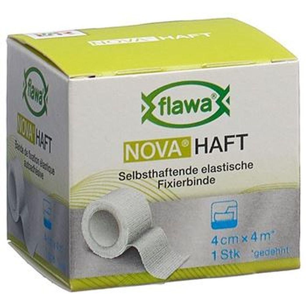 Verpackung mit selbsthaftender elastischer Fixierbinde. Aufschrift: flawa NOVA HAFT, 4 cm x 4 m. Die Rolle ist teilweise abgewickelt.