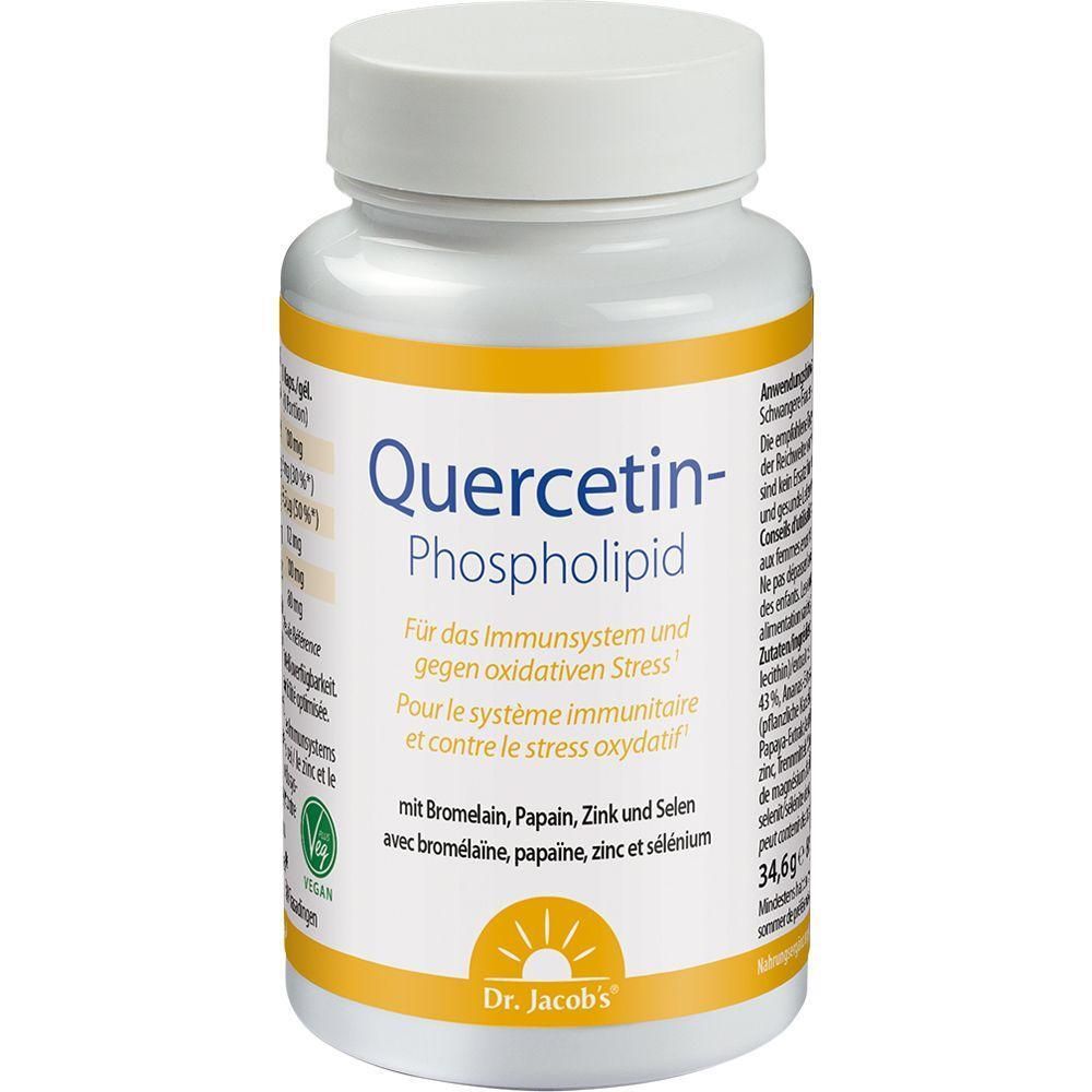 Weiße Flasche mit gelbem Etikett. Aufschrift: Quercetin-Phospholipid. Enthält Bromelain, Papain, Zink und Selen. Vegan-Siegel.