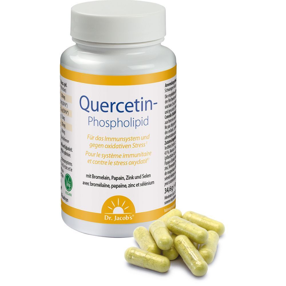 Weiße Flasche mit gelbem Etikett und Kapseln. Aufschrift: Quercetin-Phospholipid. Enthält Bromelain, Papain, Zink und Selen. Vegan-Siegel.