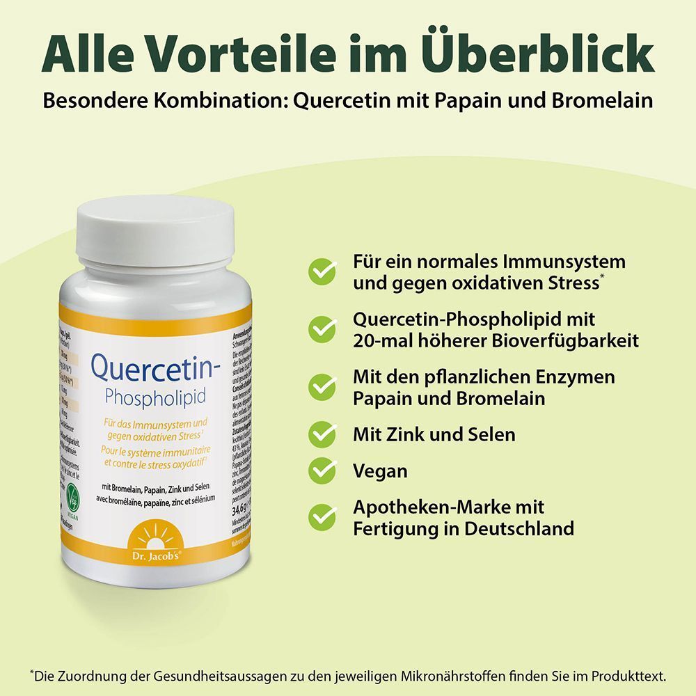 Produktflasche neben Text. Text: Vorteile im Überblick. Quercetin mit Papain und Bromelain. Vegan. Apotheken-Marke. Für Immunsystem.