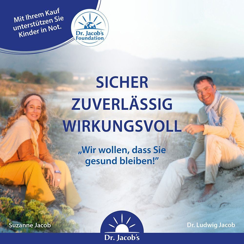 Personen am Strand. Text: Sicher, zuverlässig, wirkungsvoll. Dr. Jacob's Foundation Logo. Suzanne Jacob und Dr. Ludwig Jacob.