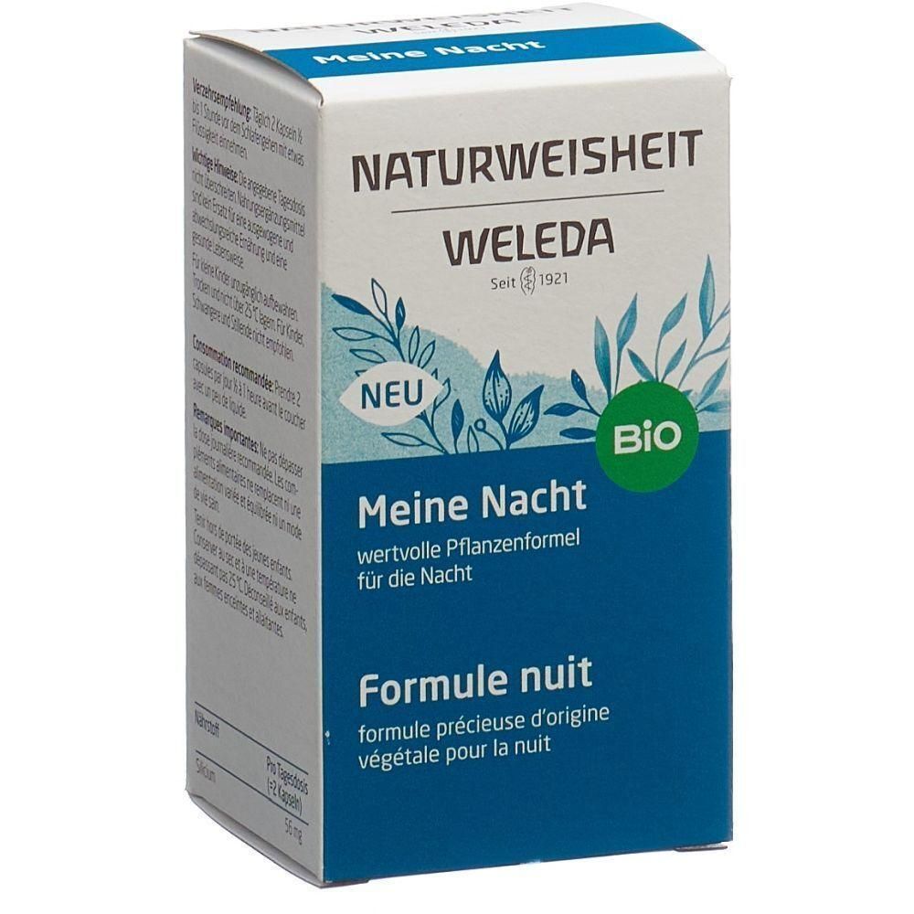 Kartonverpackung mit Produktnamen "Meine Nacht". Text: "NATURWEISHEIT WELEDA", "BIO", "Formule nuit".