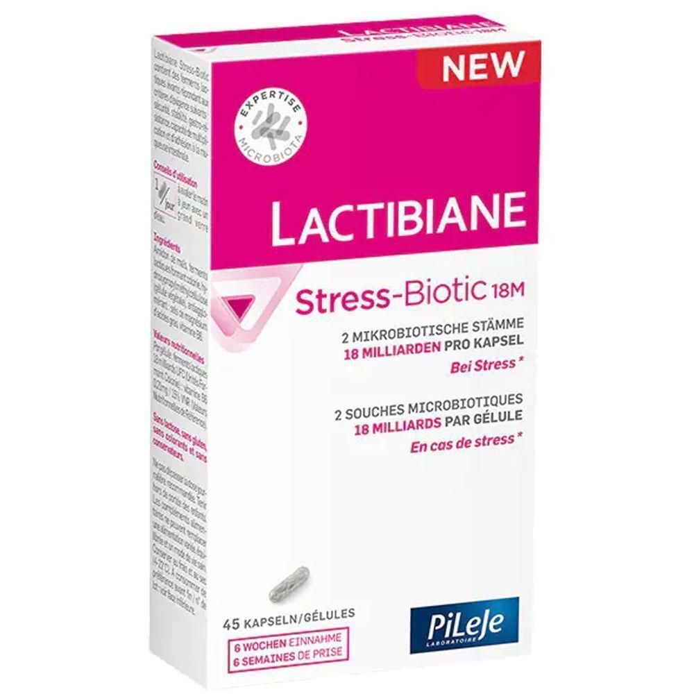 Karton mit LACTIBIANE Stress-Biotic 18M. Rosa und weißes Design. Enthält 45 Kapseln. Text: 2 Stämme, 18 Milliarden pro Kapsel.