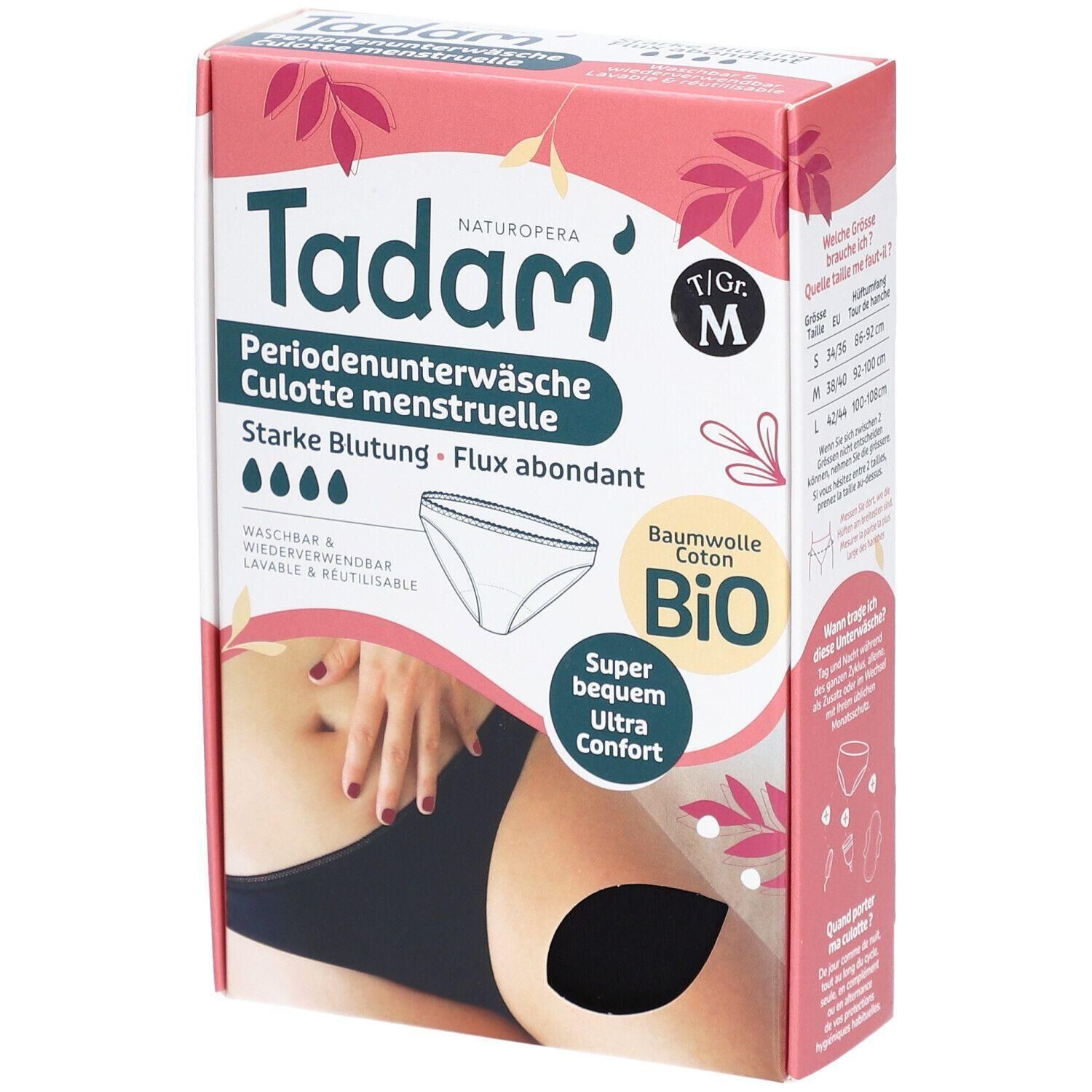 Boîte de sous-vêtements menstruels Tadam. M, coton bio. Lavable et réutilisable. Flux abondant. Illustration d'une culotte.