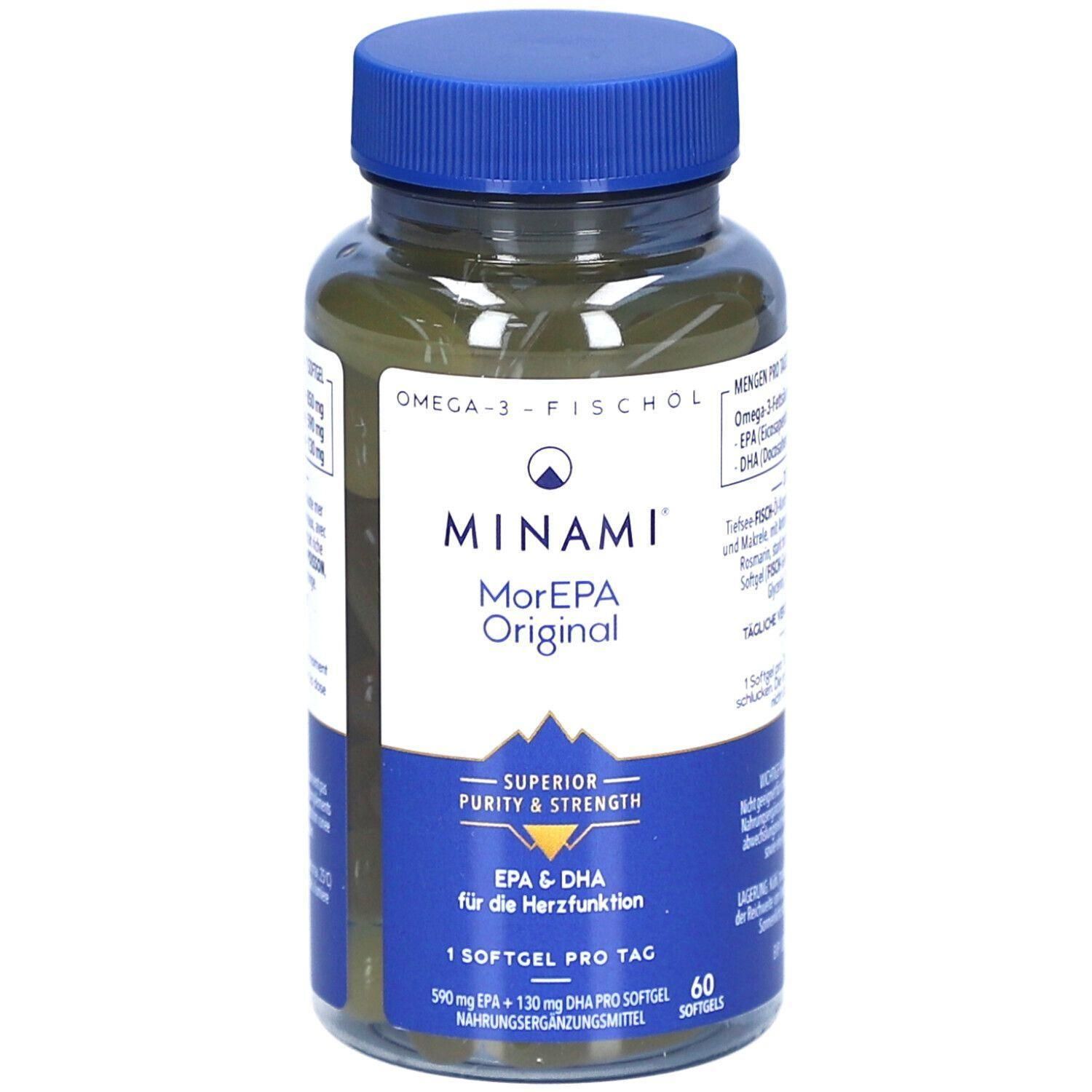 Klare Flasche mit blauer Kappe. Enthält Kapseln. Aufschrift: MINAMI MorEPA Original, EPA & DHA für die Herzfunktion. 60 Softgels.