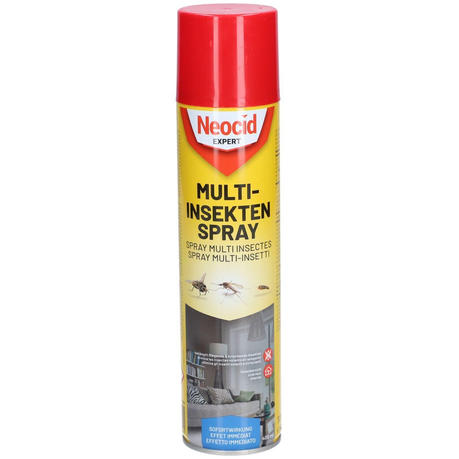 Gelbe Sprühdose mit rotem Deckel. Aufschrift: Neocid Expert Multi-Insekten Spray. Abbildung von Insekten.