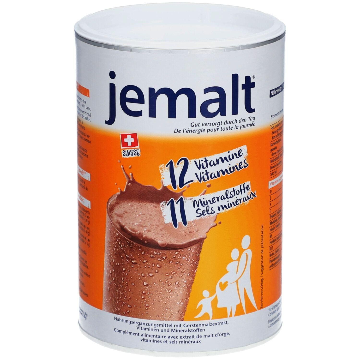Zylindrische Dose mit weißem Deckel. Aufschrift "jemalt" und Schweizer Kreuz. Enthält 12 Vitamine und 11 Mineralstoffe.