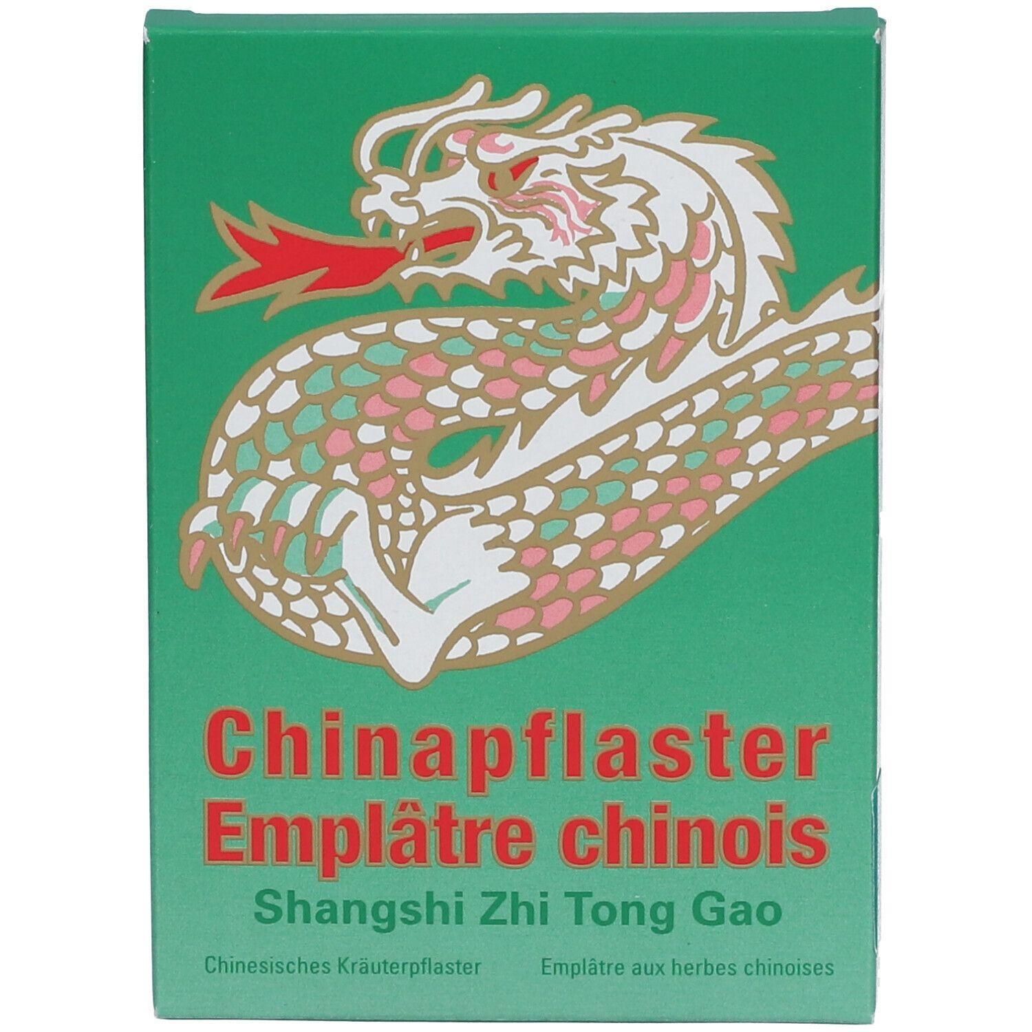 Grüne Verpackung mit chinesischem Drachen-Design. Text: Chinapflaster, Emplâtre chinois, Shangshi Zhi Tong Gao. Kräuterpflaster.