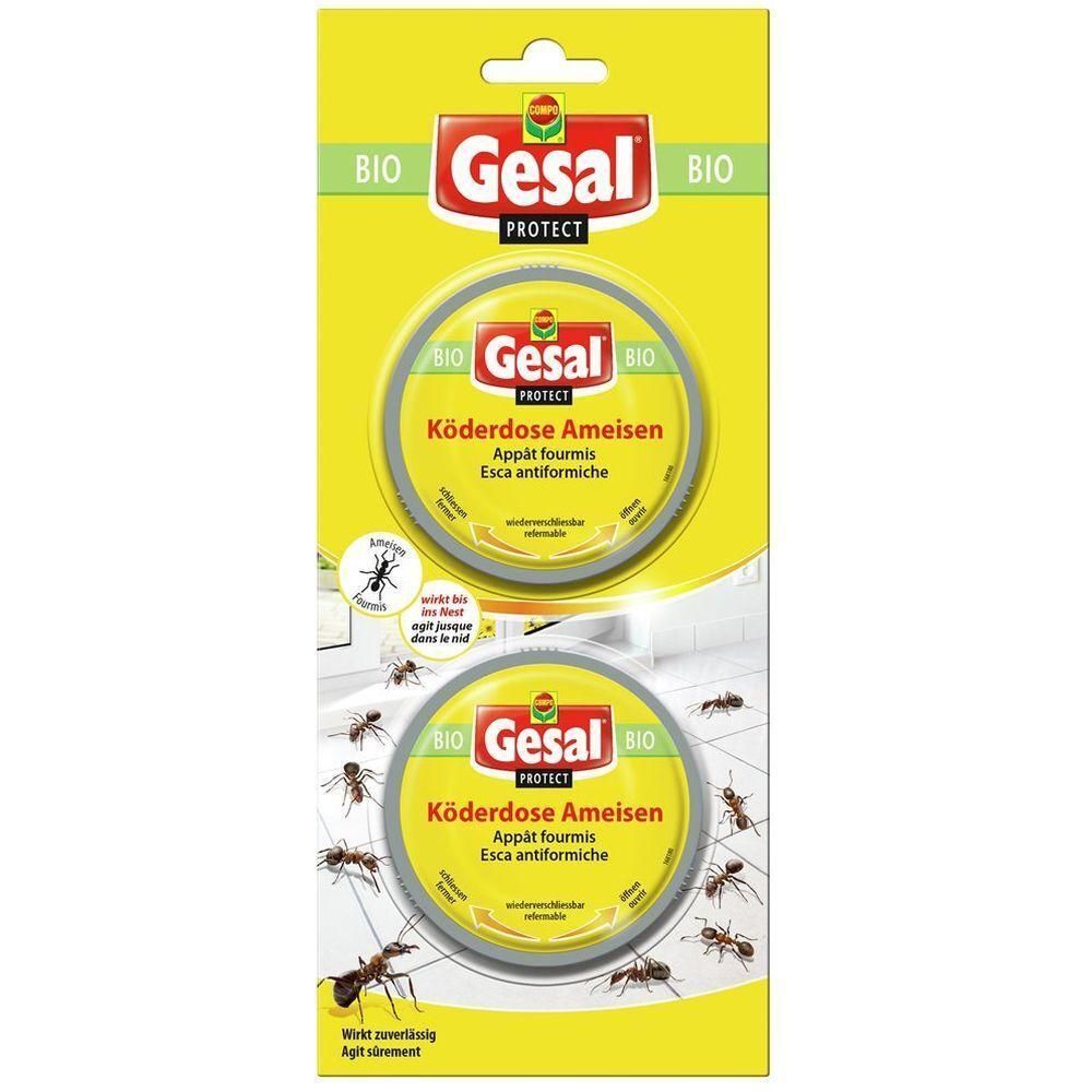 Gelbe Verpackung mit zwei runden Köderdosen. Aufschrift: Gesal Köderdose Ameisen. Bio-Siegel.