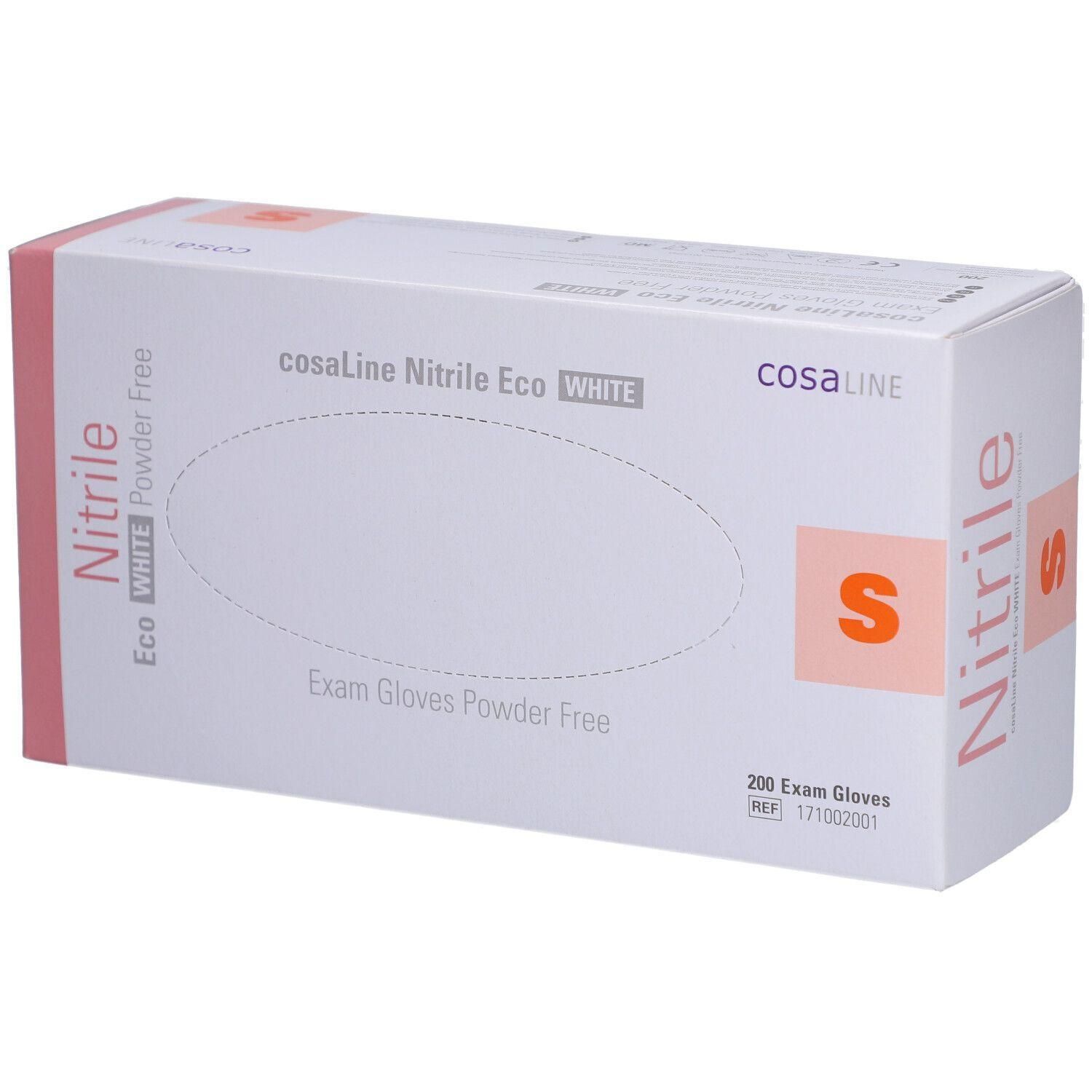 Weiße cosaLine-Box mit Nitril-Handschuhen, Größe S. Aufdruck: Nitrile Eco White, Exam Gloves, 200 Stück.