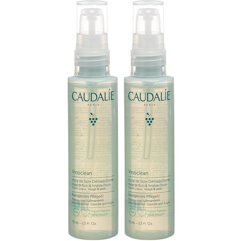 Deux flacons de soin démaquillant CAUDALIE Vinoclean. Flacons cylindriques avec bouchon transparent et pompe. Étiquette blanche, liquide vert clair.
