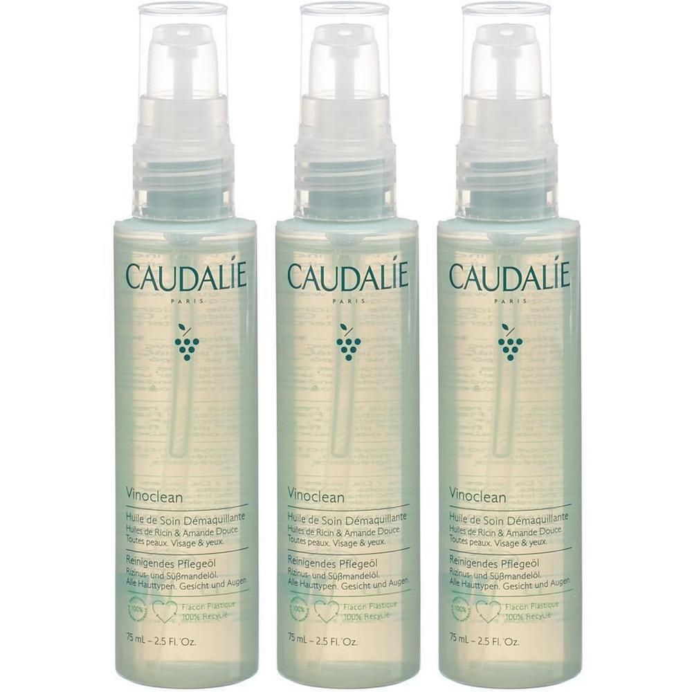 Trois flacons de liquide transparent avec vaporisateur. Inscription CAUDALIE, Vinoclean. Texte en français et allemand. 75 ml.