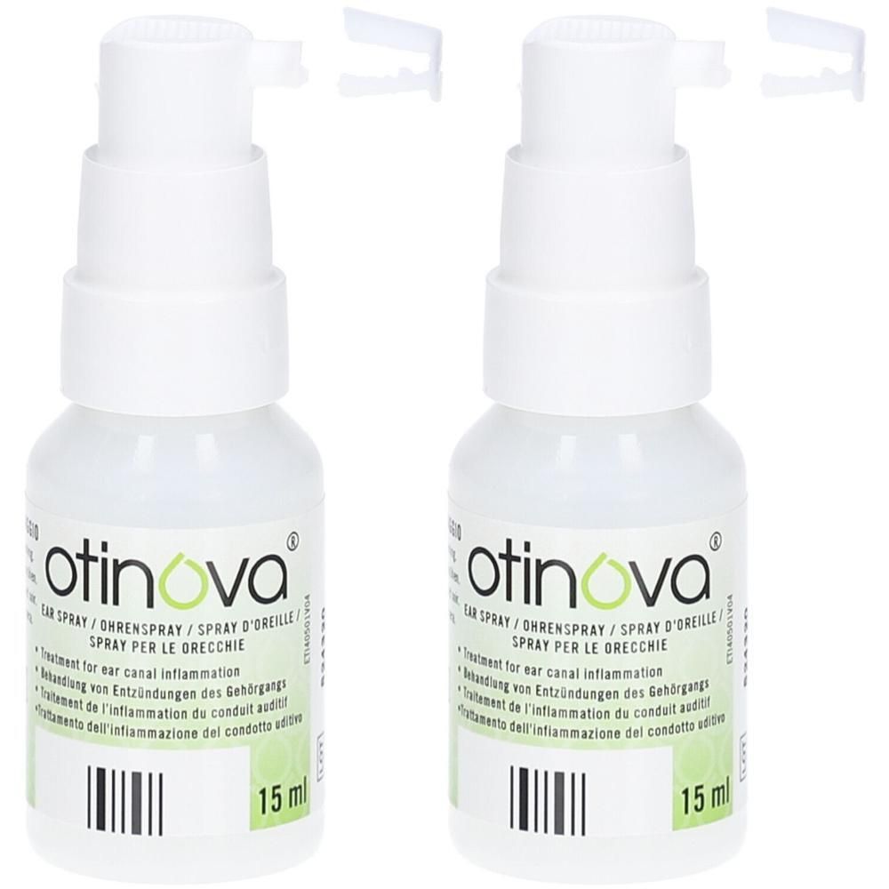 Zwei weiße Sprühflaschen mit dem Aufdruck "otinova". Jede Flasche hat einen Sprühkopf und eine Schutzkappe. Aufschrift: 15 ml.