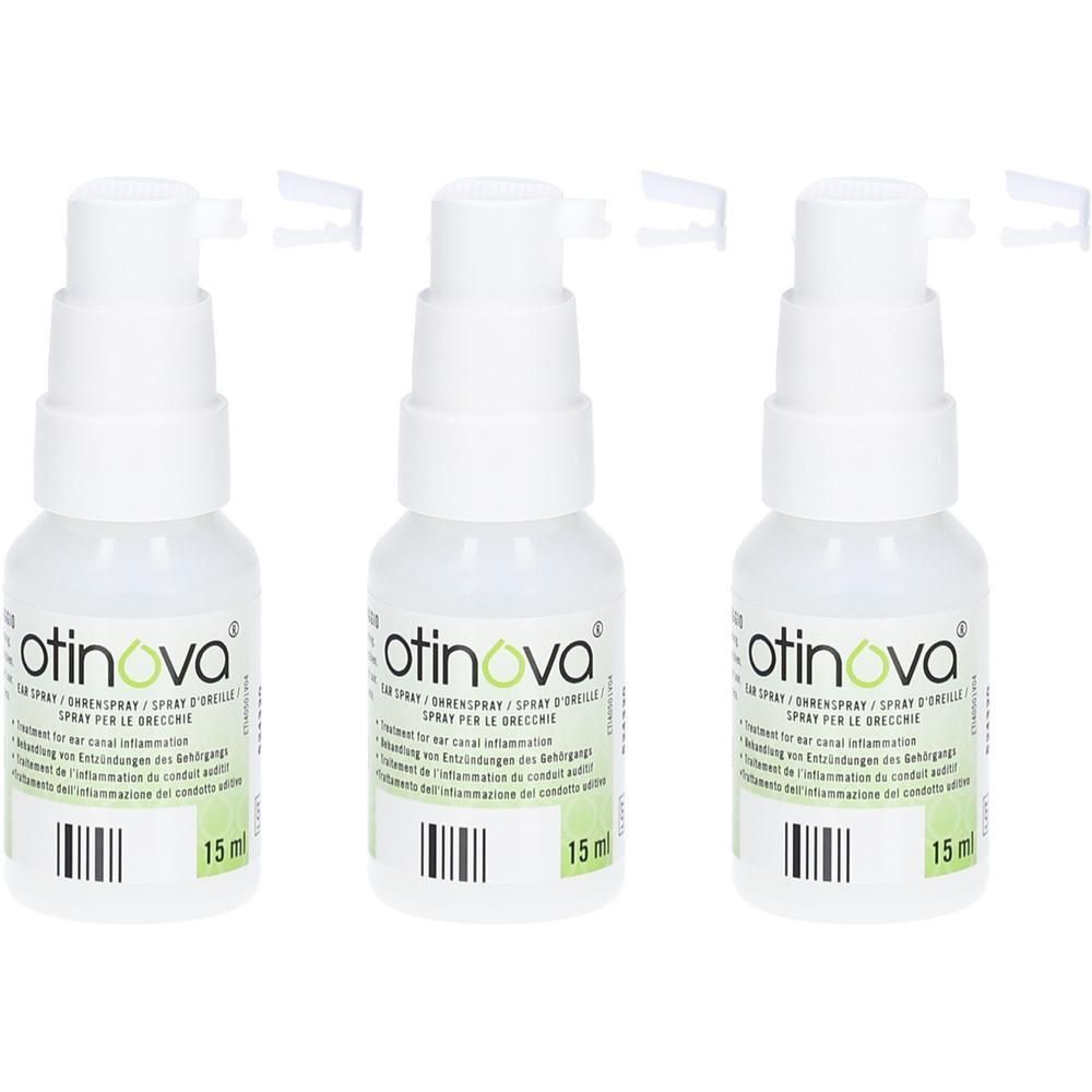 Drei weiße Sprühflaschen mit dem Aufdruck "otinova". Jede Flasche hat einen Sprühkopf und eine Schutzkappe. Aufschrift: 15 ml.