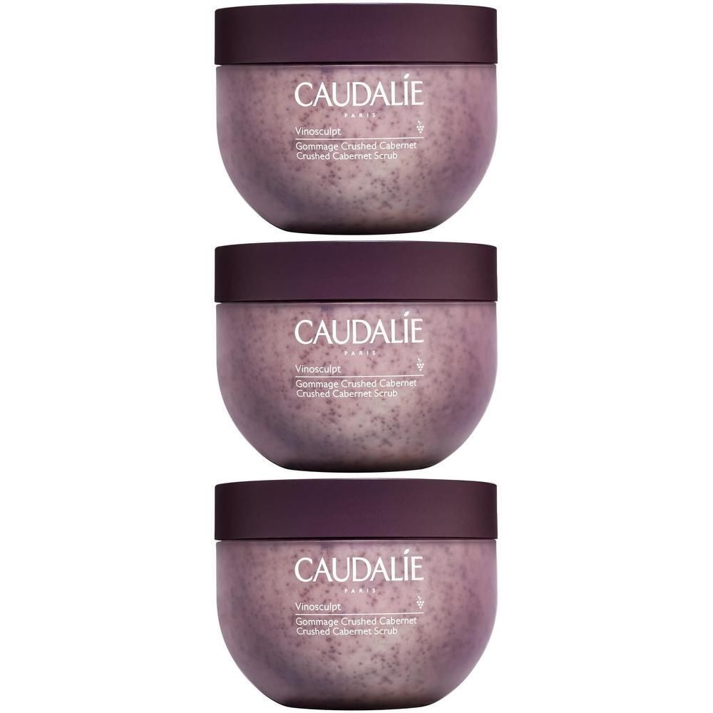 Drei Tiegel mit Deckel. Aufschrift CAUDALIE, Vinosculpt, Gommage Crushed Cabernet, Crushed Cabernet Scrub.