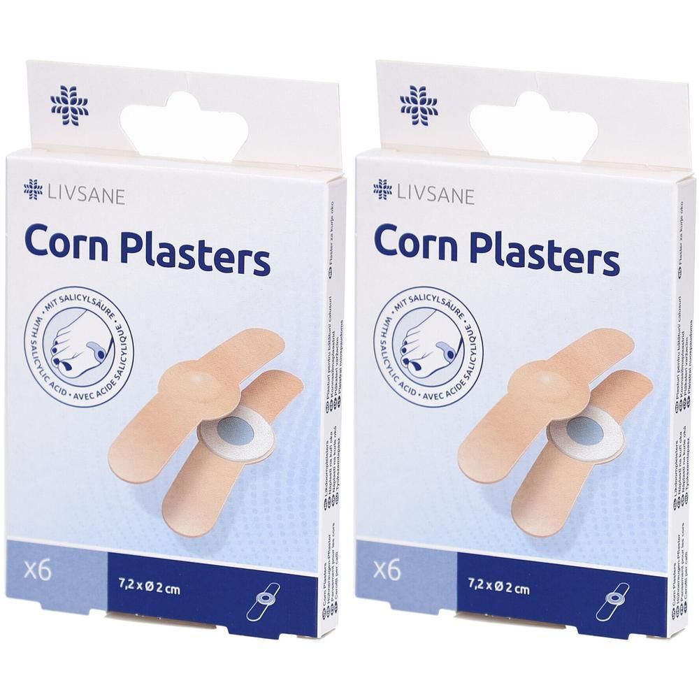 Deux boîtes de pansements LIVSANE pour cors. Sur chaque boîte: « Corn Plasters », 6 pièces, 7,2 x 2 cm. Avec acide salicylique.