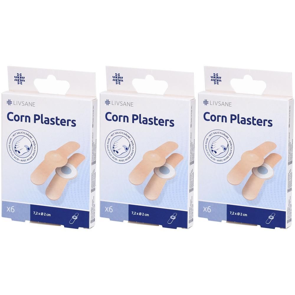 Trois boîtes de LIVSANE Corn Plasters. Chaque boîte contient six pansements. Un pansement est illustré sur chaque boîte.